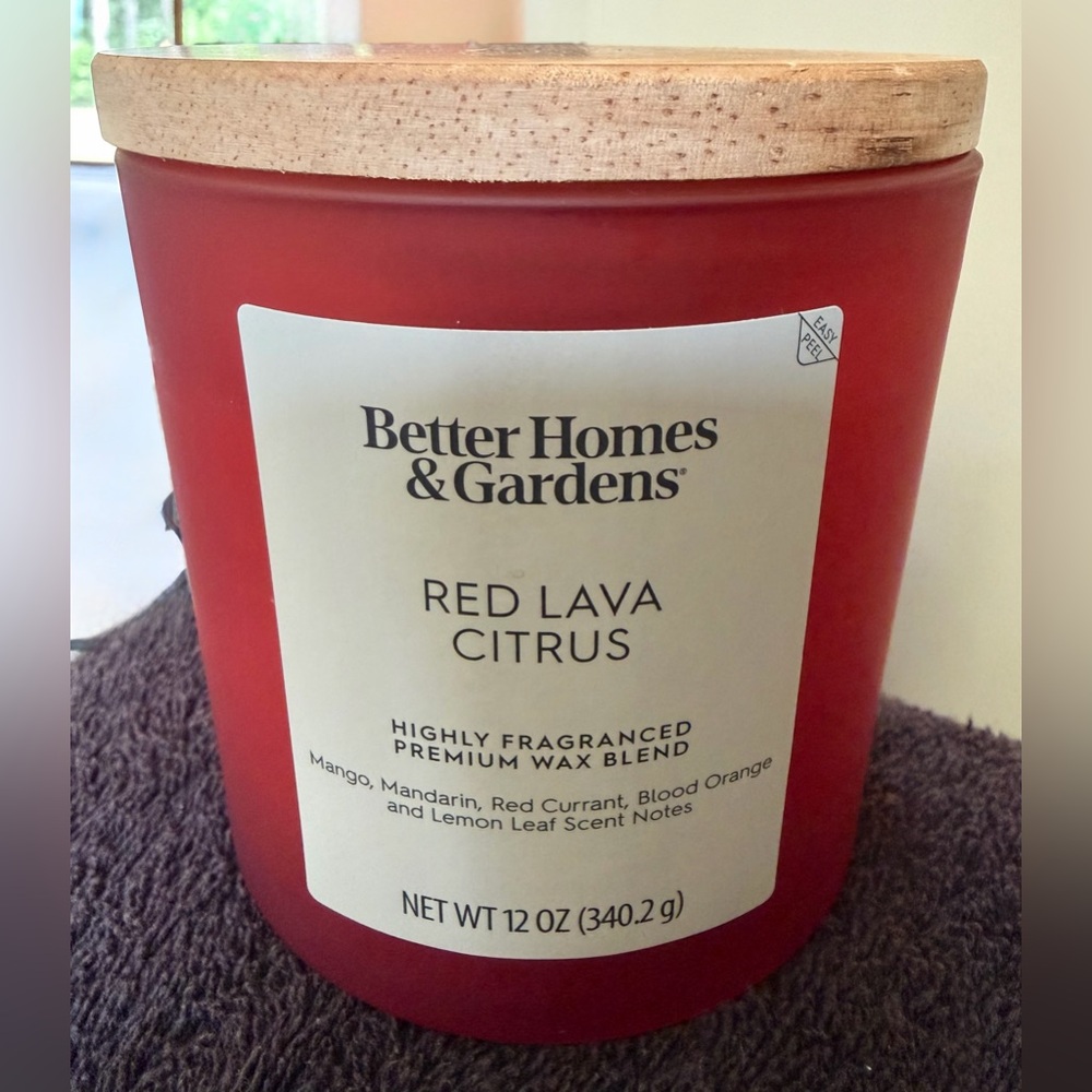 Better Homes & Gardens Red Lava Citrus 12oz Scented 2-Wick Candle with Wood Lid